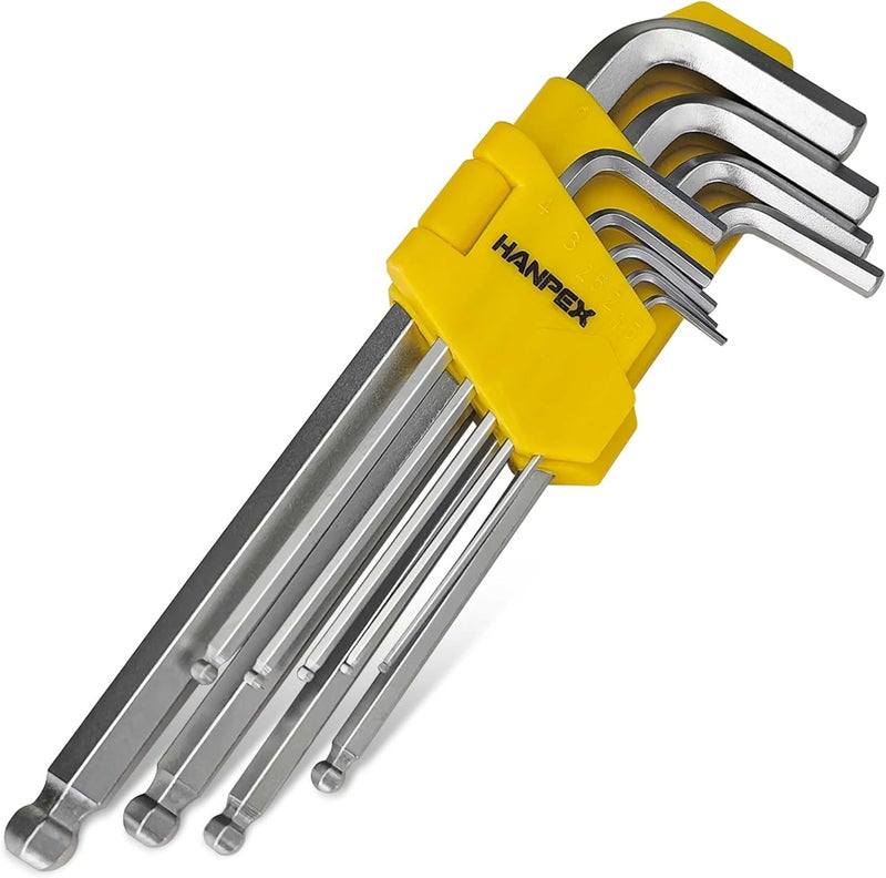 Hanpex Long Arm Hex Key Allen Wrench Set with Ball End, Ball-End Hex Allen Key Set Chrome Vanadium Steel(Cr-V), Tamperproof TORX L- Key Set (9Pc Metric) - Image 1